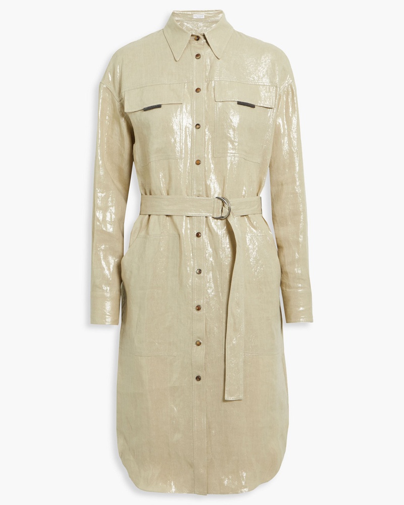 Brunello Cucinelli Damen Beschichtetes Hemdkleid aus Leinen mit Metallic-Effekt