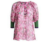 Geraffte Bluse aus Seide mit floralem Print und Strickeinsatz