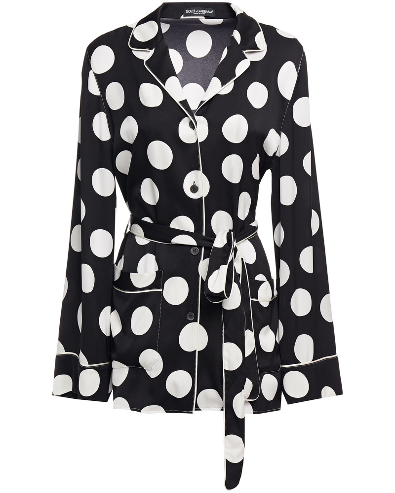 Dolce & Gabbana Damen Oberteil aus Stretch-Seide mit Polka-Dots und Gürtel