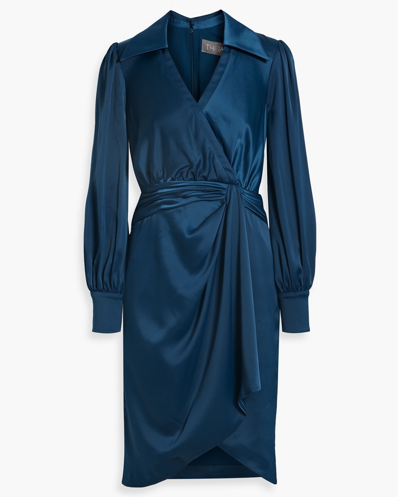THEIA Damen Jodi Kleid aus gehämmertem Satin mit Wickeleffekt