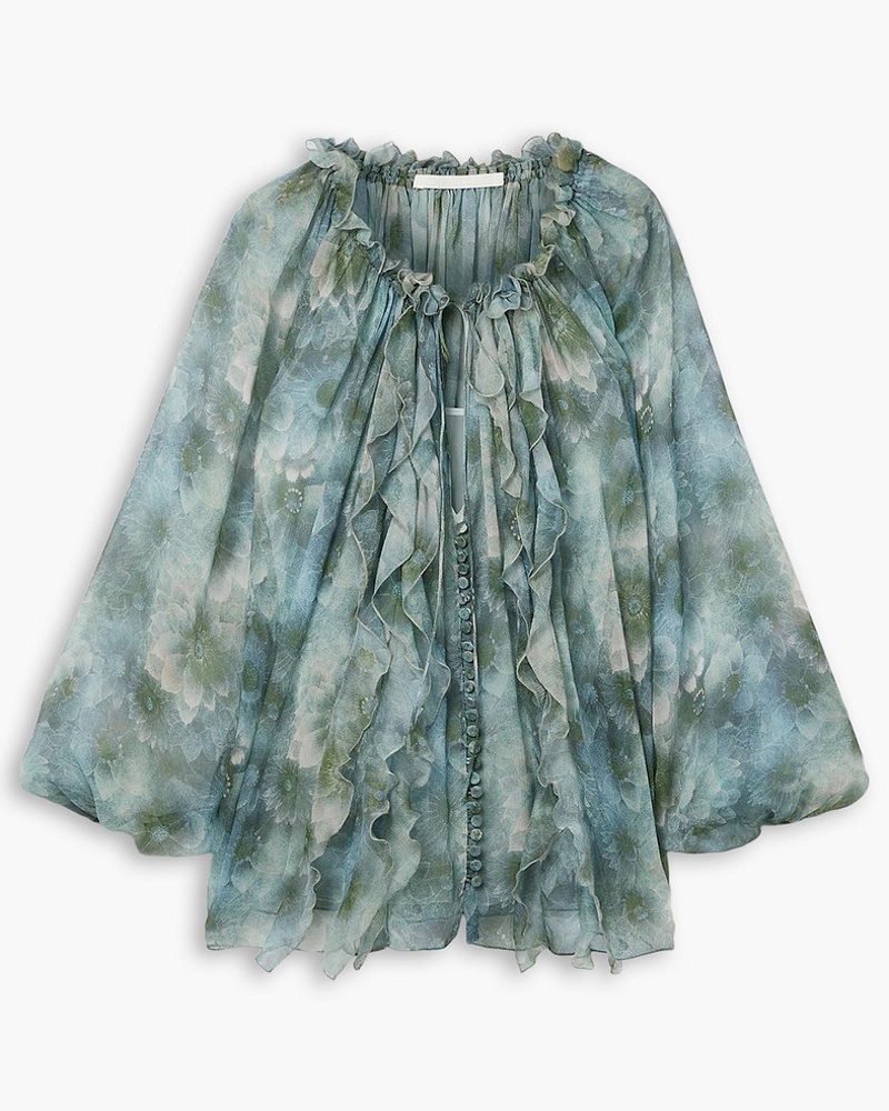 Jason Wu Damen Geraffte Bluse aus Seidenchiffon mit floralem Print
