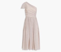 Gerafftes Midikleid aus Crêpe mit floralem Print und asymmetrischer Schulterpartie