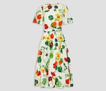 Belted floral-print cotton-blend poplin midi dress