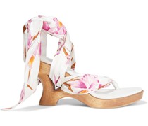 Scarf Tie floral-print satin-twill and leather wedge sandals
