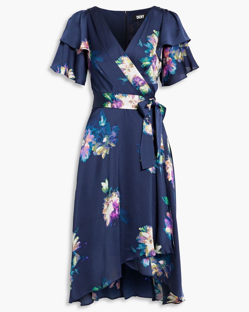 DKNY Damen Plissiertes Kleid aus glänzendem Crêpe mit floralem Print und Wickeleffekt