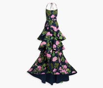 Gestufte Neckholder-Robe aus Faille mit floralem Print