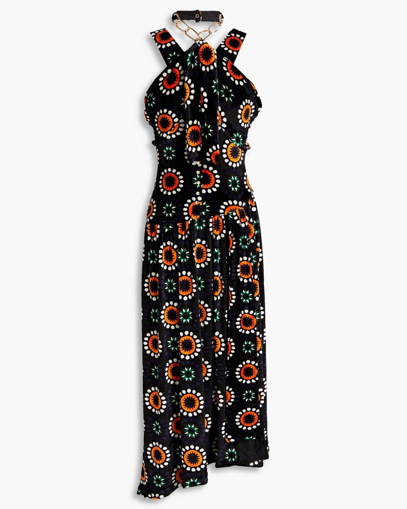 Paco Rabanne Damen Drapiertes Midikleid aus Samt-Jacquard mit Verzierung
