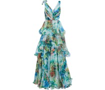 Gestufte Robe aus Chiffon mit Print und floralen Applikationen