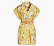 Hemdkleid inMinilänge aus Leinen mit floralem Print und Gürtel
