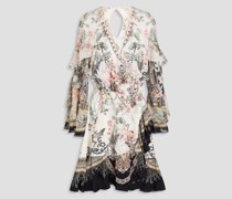 Verziertes Mini-Wickelkleid aus Crêpe de Chine aus Seide mit floralem Print und Rüschen