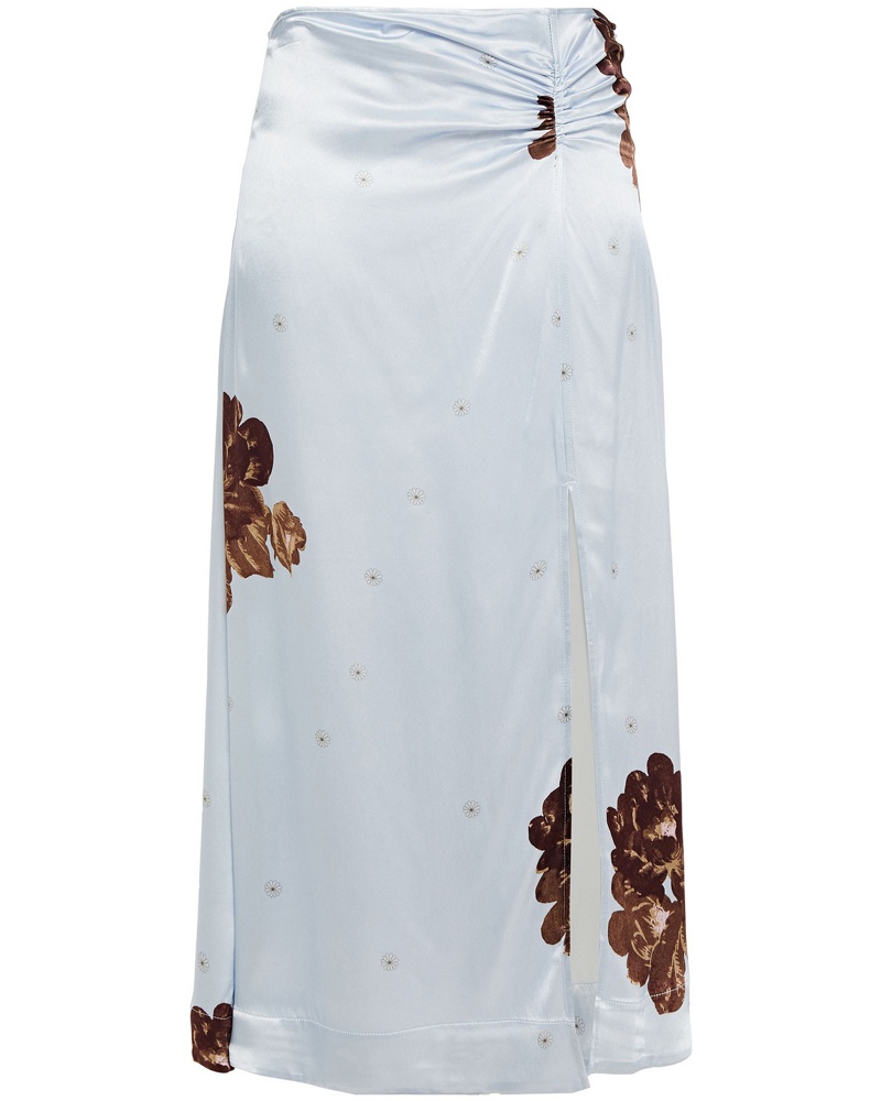 Ganni Damen Midirock aus Satin mit floralem Print und Raffungen