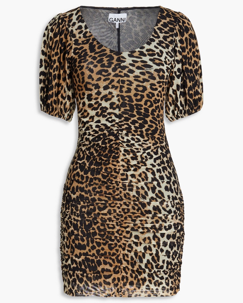Ganni Damen Gerafftes Minikleid aus Stretch-Mesh mit Leopardenprint