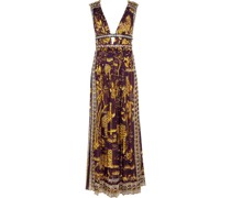 Leather-trimmed printed cotton gown