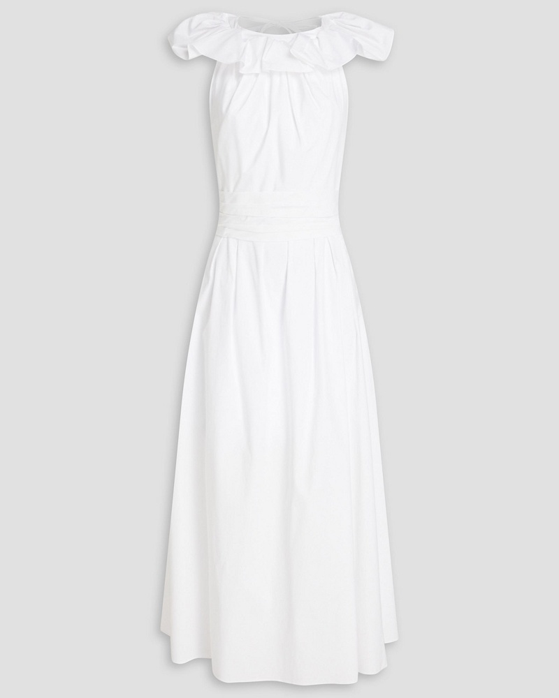 Carolina Herrera New York Damen Plissiertes Midikleid aus Popeline aus einer Baumwollmischung mit Rüschenbesatz