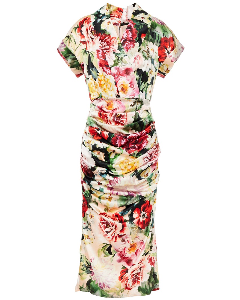 Dolce & Gabbana Damen Gerafftes Midikleid aus Satin aus einer Seidenmischung mit floralem Print