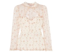 Cutout ruffle-trimmed floral-print silk-gauze blouse