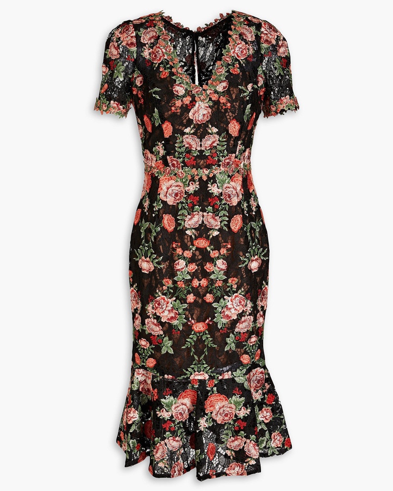 Marchesa Damen Kleid aus Guipure-Spitze mit Stickereien