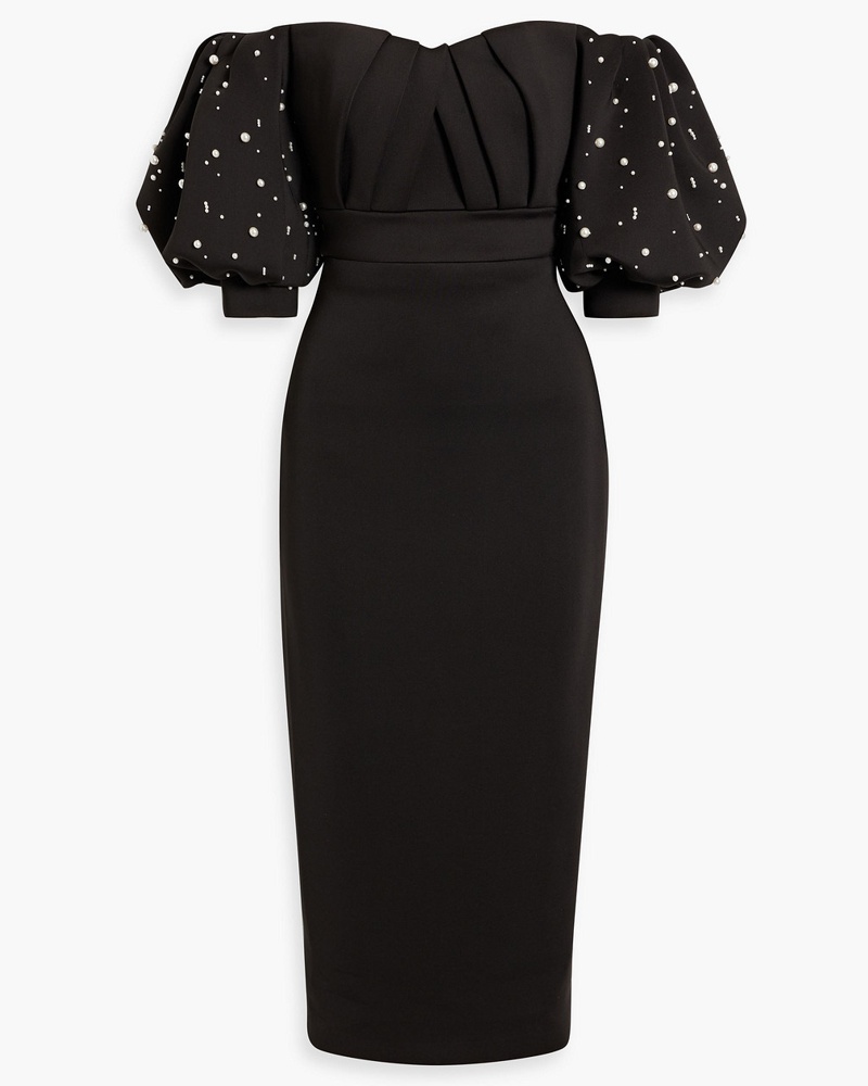 Badgley Mischka Damen Schulterfreies Midikleid aus Scuba mit Verzierung Badgley Mischka Damen Schulterfreies Midikleid aus Scuba mit Verzierung