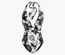Plunge Neckholder-Badeanzug mit floralem Print