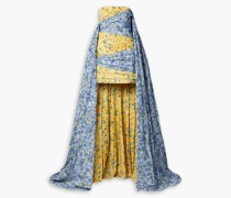 Trägerlose Robe aus Taft mit floralem Print und Cape-Effekt