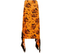 Asymmetrischer Midirock aus gehämmertem Satin mit floralem Print und Fransen
