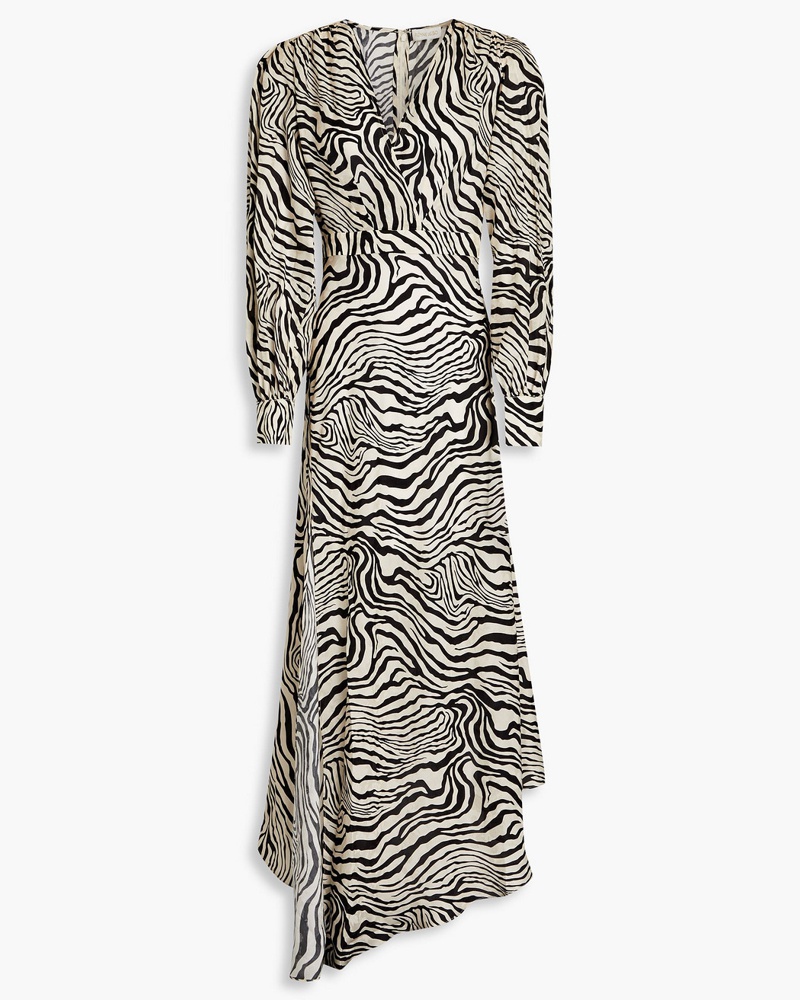 Ronny Kobo Damen Estelle asymmetrisches Maxikleid aus glänzendem Crêpe mit Zebraprint