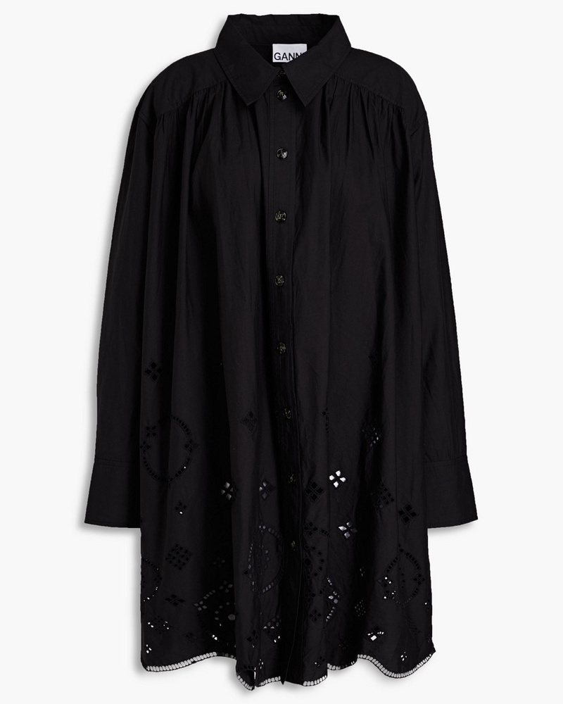 Ganni Damen Gerafftes Oversized-Hemdkleid inMinilänge aus Bio-Baumwolle mit Lochstickerei Ganni Damen Gerafftes Oversized-Hemdkleid inMinilänge aus Bio-Baumwolle mit Lochstickerei