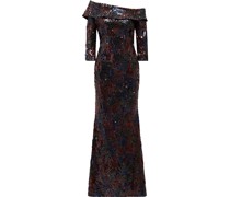 Schulterfreie Robe aus Samt mit Pailletten und Drapierung