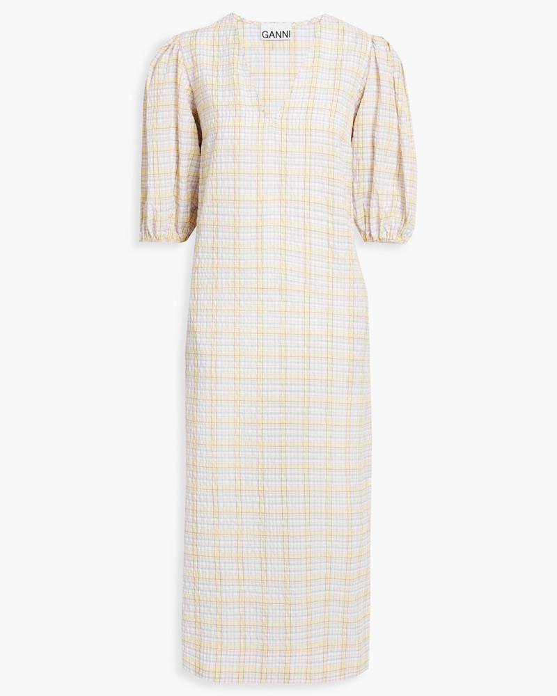 Ganni Damen Kariertes Midikleid aus Seersucker aus einer Baumwollmischung