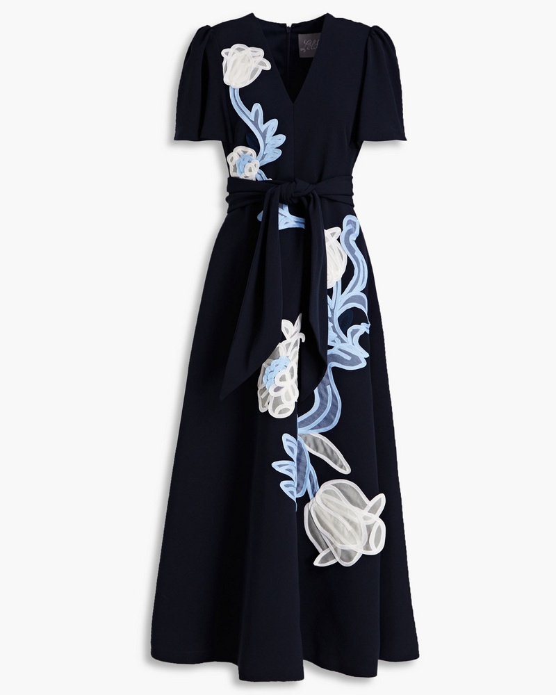 Lela Rose Damen Midikleid aus Crêpe mit Stickereien und Gürtel Lela Rose Damen Midikleid aus Crêpe mit Stickereien und Gürtel