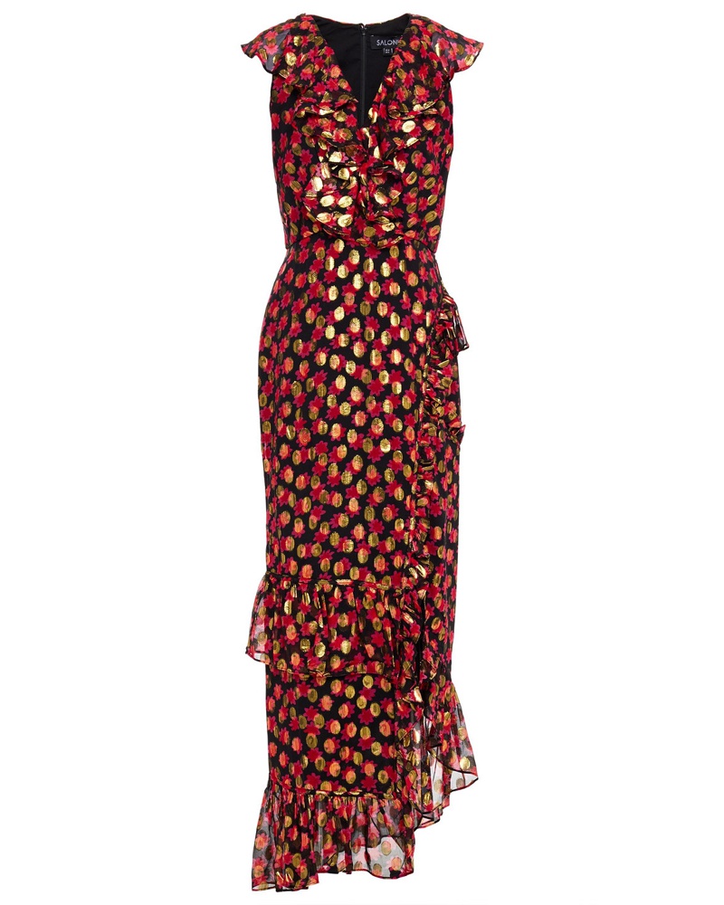 Saloni Damen Anita Midikleid aus Voile mit Print und Rüschen
