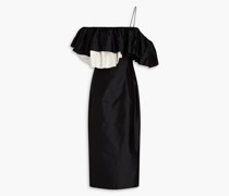 Midikleid aus Shantung-Seide mit asymmetrischer Schulterpartie und Rüschen