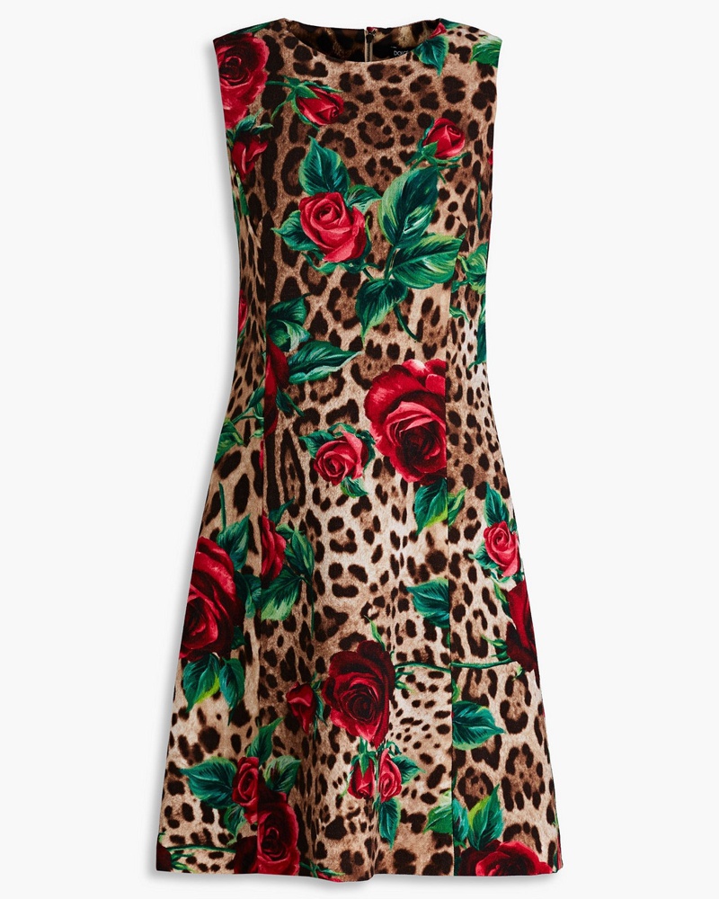 Dolce & Gabbana Damen Bedrucktes Kleid aus Woll-Crêpe mit Stehkragen Dolce & Gabbana Damen Bedrucktes Kleid aus Woll-Crêpe mit Stehkragen