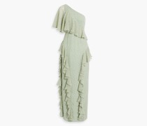 Bedruckte Robe aus Chiffon mit Rüschen und asymmetrischer Schulterpartie