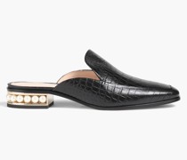 25mm Casati Moccasin Slippers aus Leder mit Krokodileffekt und Kunstperlen