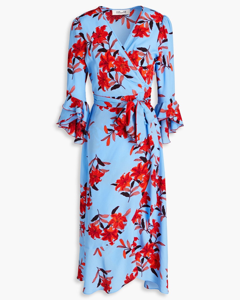 Diane von Furstenberg Damen Rollins Midi-Wickelkleid aus Crêpe de Chine mit floralem Print und Rüschen