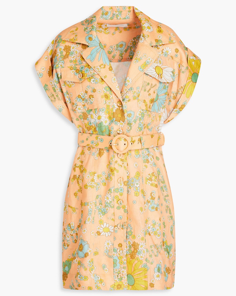 Zimmermann Damen Hemdkleid inMinilänge aus Leinen mit floralem Print und Gürtel