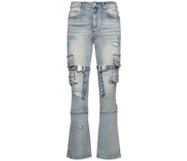 Distressed flare cargo jeans w/straps