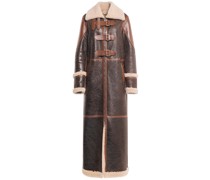 Leather shearling long coat w/ buckles