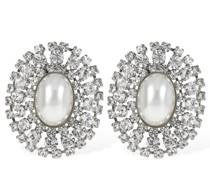 Oval crystal earrings w/ faux pearl