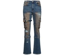Distressed flare cargo jeans w/straps