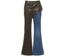 Hybrid-Kunstleder- und Denimhose