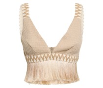 Metallic knit crop top w/ fringe