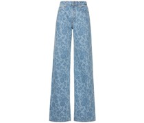 Flower printed denim wide jeans