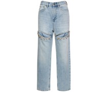 High rise cutout jeans w/ crystals