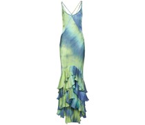 Langes Kleid mit Viskosesatin mit Rüschen