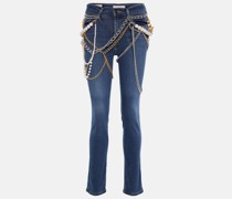 Verzierte Mid-Rise Slim Jeans