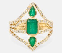 Ring Delicate Deco aus 18kt Gelbgold mit Diamanten und Smaragden