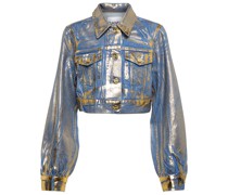 Ganni Cropped-Jeansjacke in Metallic-Optik