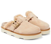 Slippers aus Veloursleder mit Faux Fur
